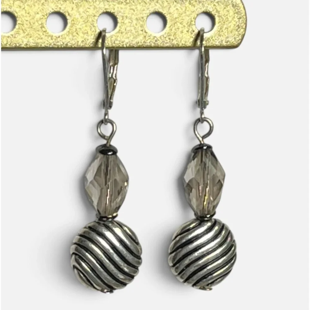 Leverback Drop Earrings Smoky Crystal Bead Dangle Silver Tone Striped Metal Disc